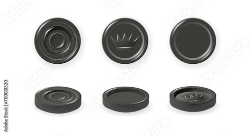Black checkers chips. 3d realistic round badge with circle convex lines on surface and shadow to play on checkerboard. Vector