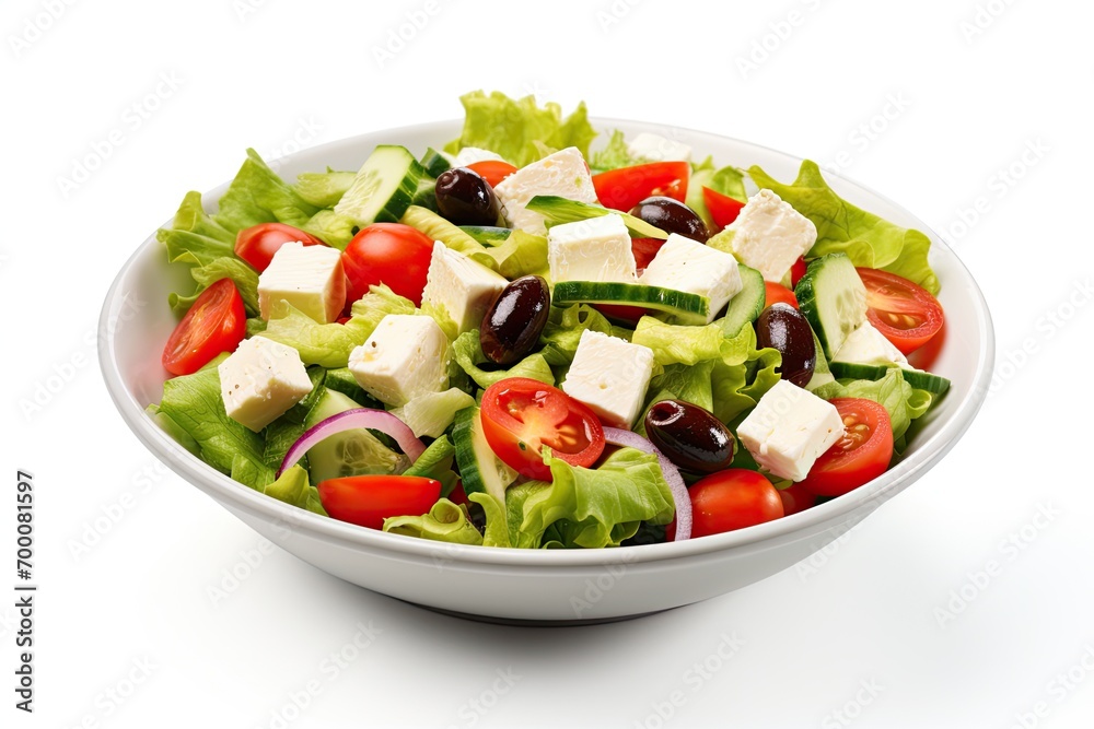 Greek salad with cheese and fresh vegetables, isolated on white with clipping path.