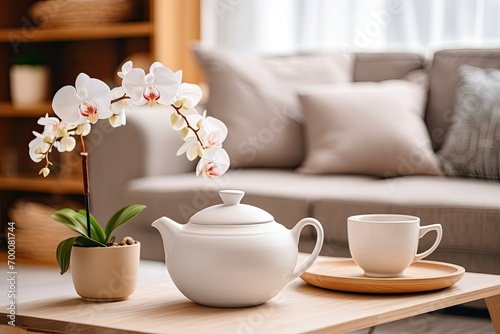 Clay teapot, white cup, and orchid flower in focus, with a cozy vintage interior style in the background. © LimeSky