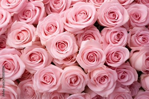 Many pink roses in the background photo, some with beautiful rosebuds and petals.