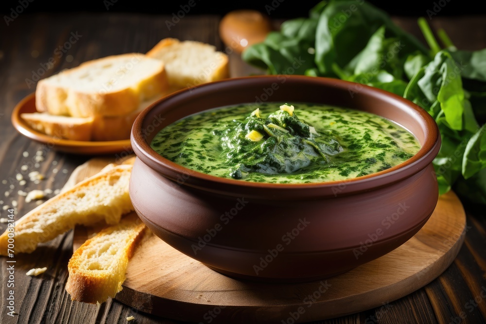 Culinary spinach soup with fresh bread on a wooden background. Culinary spinach soup with fresh bread on a wooden background.