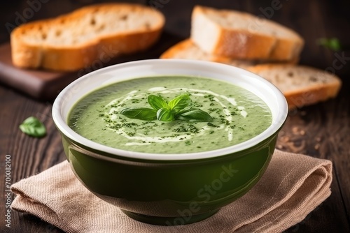Creamy spinach soup in a white bowl.