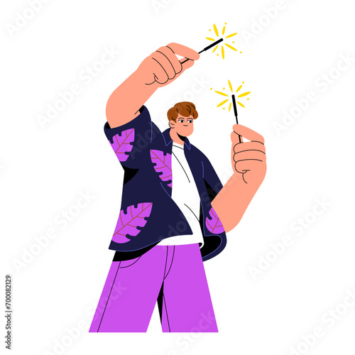 Birthday party. Christmas holiday. Xmas celebration. Happy guy holding sparklers, rejoices. Cheerful boy with Bengal light, sparkles in hands. Flat isolated vector illustration on white background