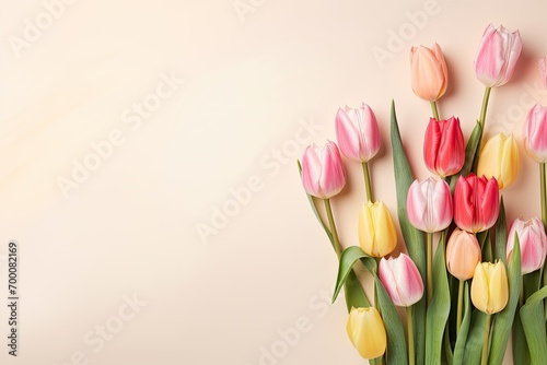 Spring approaching painting with tulips and creative design on beige backdrop