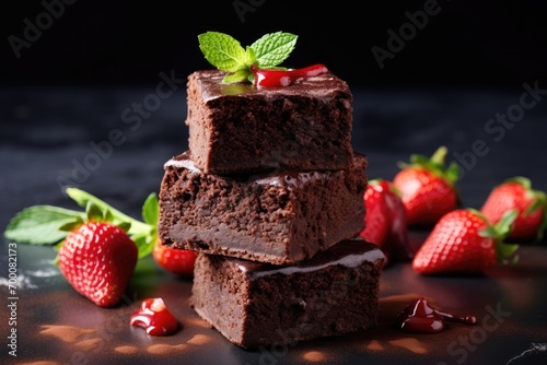 Stack of homemade fudgy chocolate brownies with strawberries on concrete