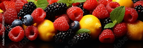 Raspberries, blackberries, strawberries and citrus fruits close-up, top view. Colorful Assortment of Fresh Fruits and Ripe Berries in Eye-Catching Arrangement.