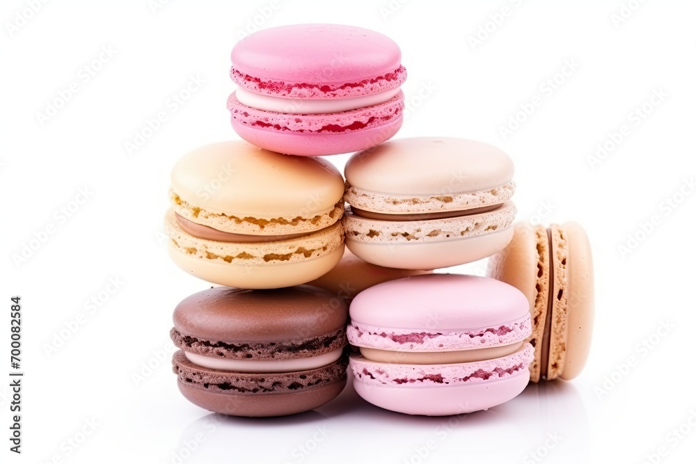 Still Life of Bakery Pastel Macarons Various flavors white background Solo Macarons Still Life of Bakery Pastel Macarons Various flavors white background Solo Macarons