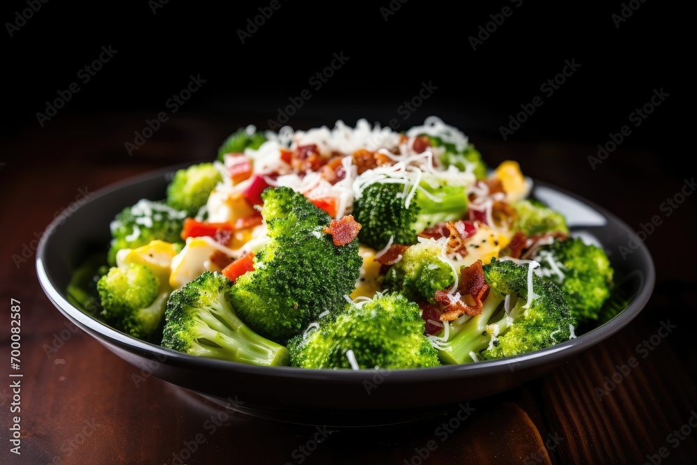 Bacon, cheese, and onion accompany steamed broccoli.