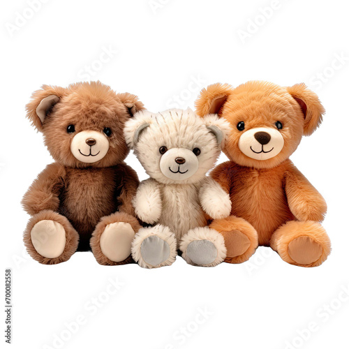 cutout set of 3 stuffed animal toys isolated on transparent png background
