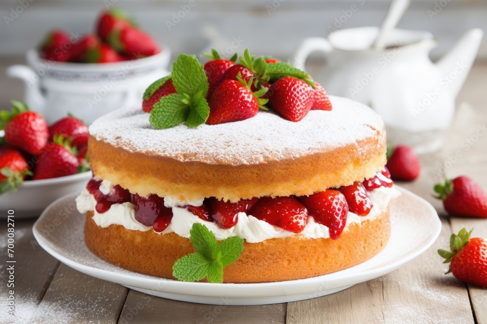 Strawberry filled homemade Victoria sponge cake adorned with icing sugar and strawberry on white wooden table Strawberry filled homemade Victoria sponge cake adorned with icing sugar and strawberry on white wooden table