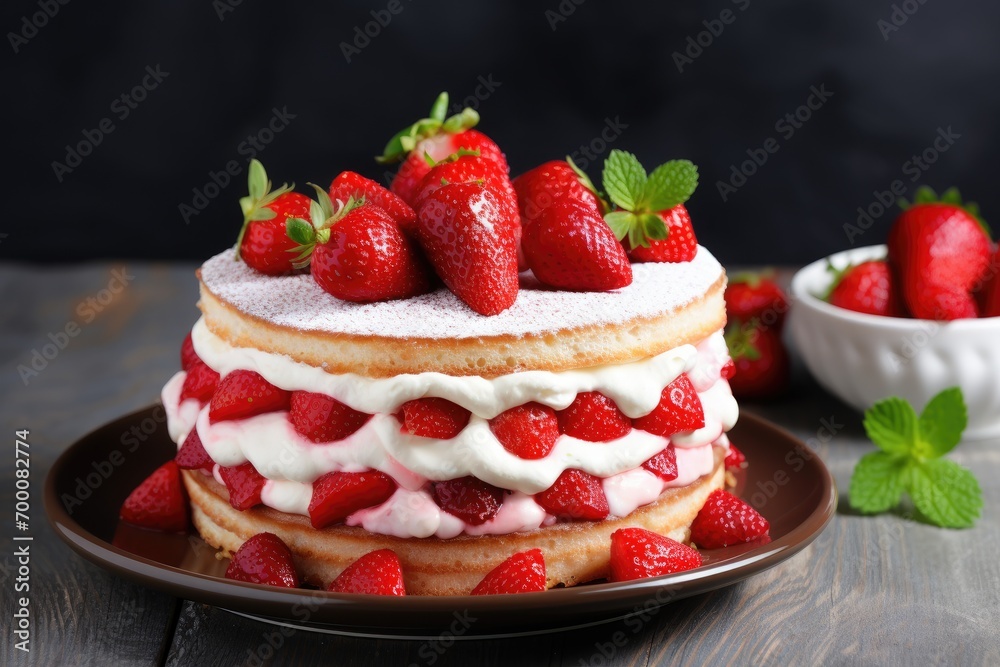 Strawberry topped cake on gray wooden plate Strawberry topped cake on gray wooden plate
