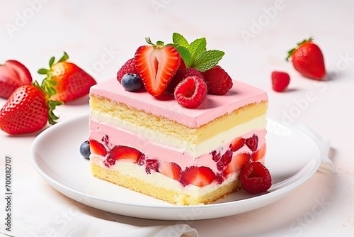 Strawberry decorated summer cake on a white backdrop with yellow sponge cream cheese and berry mousse layers