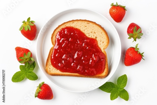Strawberry jam breakfast on white background with fresh strawberries and homemade spread on bread photo