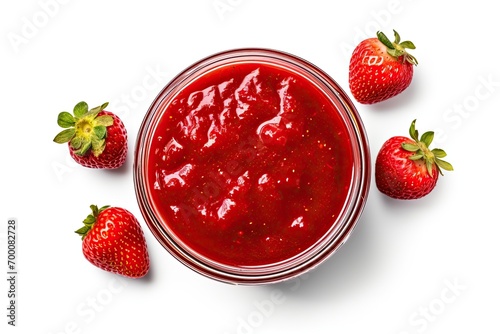 Strawberry jam on white background top view