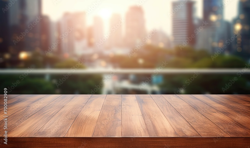 Blur glass window wall building background with wood table top for product display or design key visual layout Blur glass window wall building background with wood table top for product display or design key visual layout