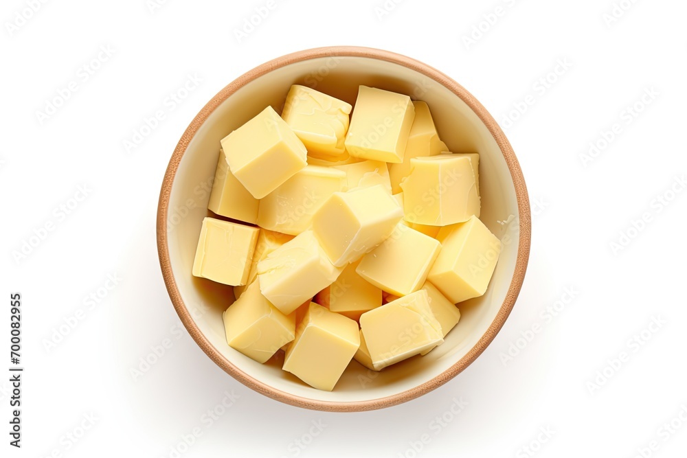 Butter chunks in white clay bowl seen from above