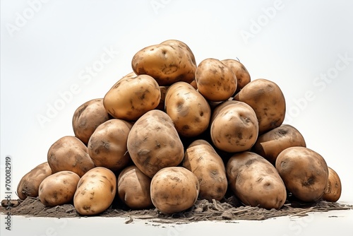 Freshly harvested potato tubers with soil isolated on a white background. Pile of potato tubers.