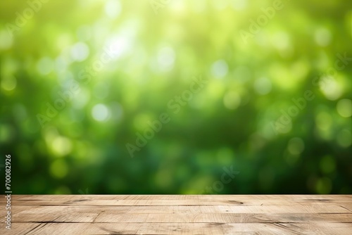 Blurry green backdrop with wooden tabletop ideal for product showcase or montage