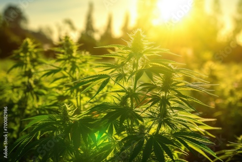 Cannabis leaves thriving in sunlight growing on a farm with selective focus and shallow depth of field