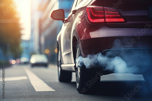 Car emitting white smoke from the exhaust pipe Harmful PM2 5 in toxic air pollution Controlling vehicle emissions Environmental concerns regarding clima photo