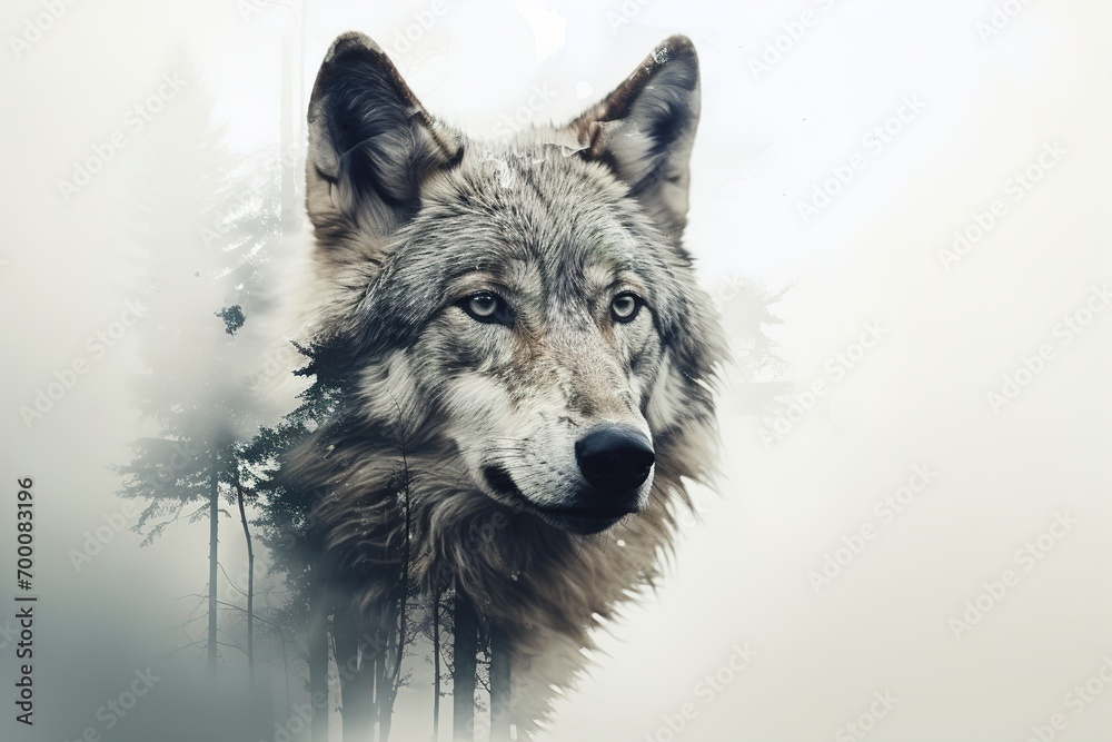Wolf and nature. Double exposure. Ai generative