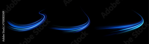 Night road speed illustration. Rounded neon line with light effect. Energy flow tunnel. Blue portal, platform. 