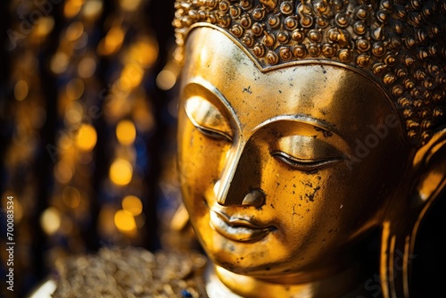 Close up of Buddha statue s face at Doi Suthep a Theravada wat in Chiang Mai Thailand photo