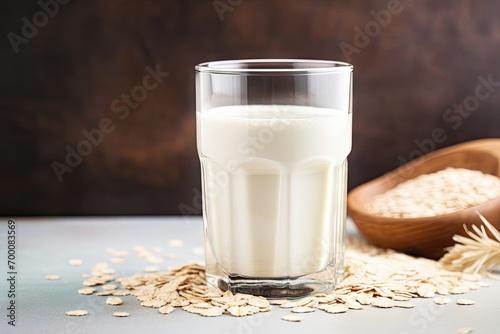 Close up of vegan oat milk a non dairy alternative in a glass photo