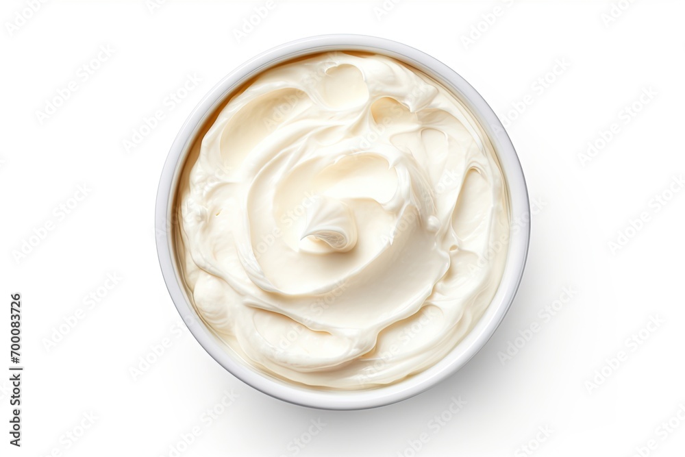 Cream cheese in a bowl white background top view Cream cheese in a bowl white background top view