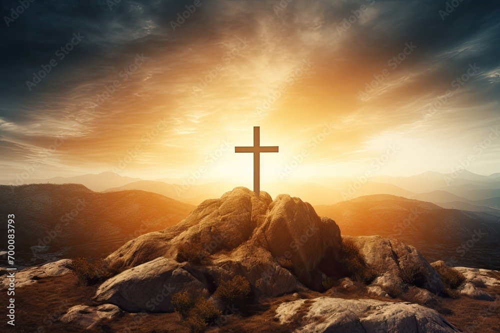 Cross on a hill at sunrise representing Jesus Christ and Easter Cross on a hill at sunrise representing Jesus Christ and Easter