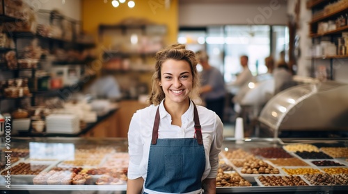 Portrait of a smiling confectionery owner. Ai generative photo