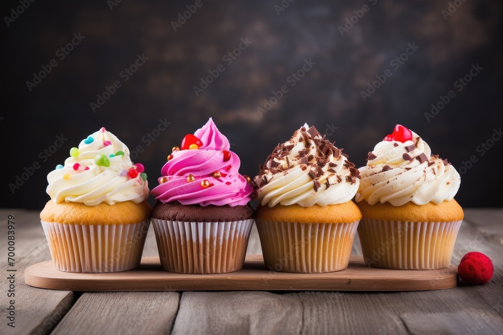 Delicious cupcakes on a dull wooden surface