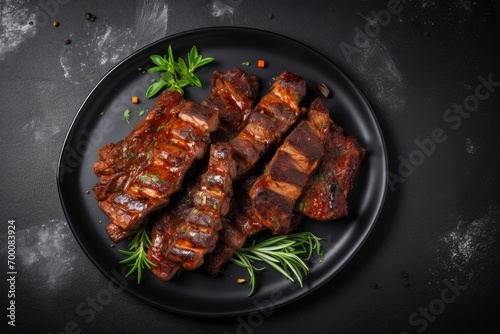 Delicious BBQ spare ribs on black stone Top view flat lay