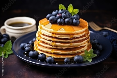 Delicious homemade pancakes topped with blueberries and honey on a plate