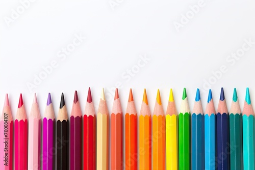 Disorganized set of colored pencils on white background
