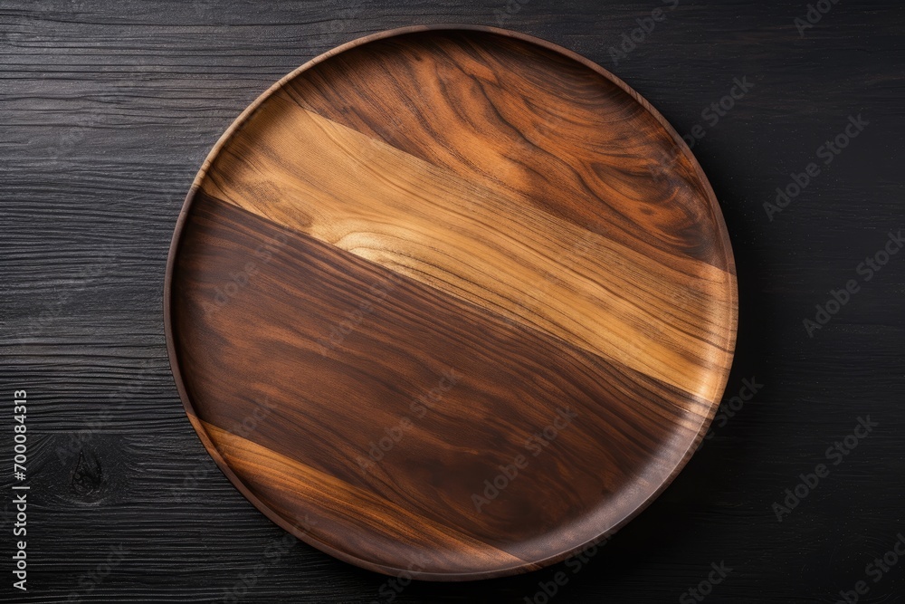 Empty kitchen trendy rustic wooden tray saw cut imitation on black wooden background top view with copy space for text creating a food and menu background Empty kitchen trendy rustic wooden tray saw cut imitation on black wooden background top view with copy space for text creating a food and menu background