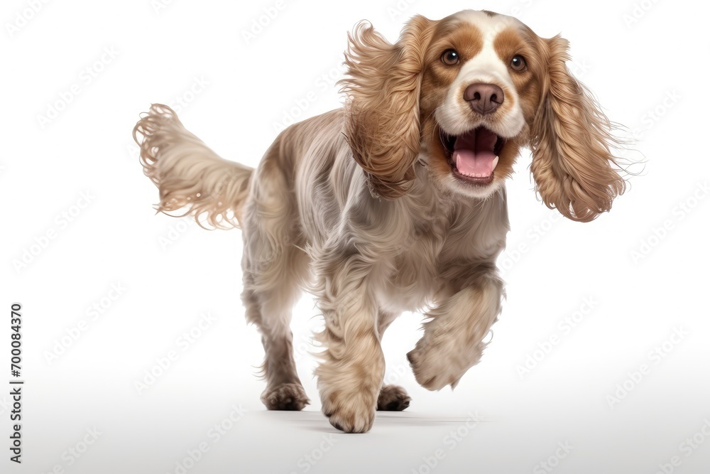 Energetic young English cocker spaniel dog posing happily Cute and playful it appears joyful while playing Isolated on white background symbolizing moti