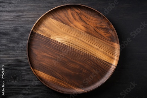Empty kitchen trendy rustic wooden tray saw cut imitation on black wooden background top view with copy space for text creating a food and menu background photo