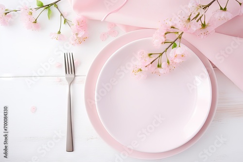 Elegant table arrangement pink napkin with plates and cutlery on white background Stunning top view
