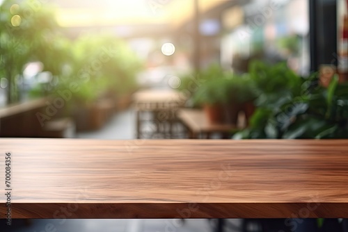 Empty wooden board on a table in a coffee shop with blurred interior in the background used as a mock up for product display