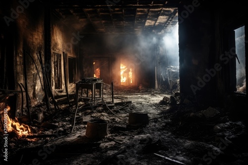 Fire damaged house interior destroyed building room post disaster or war concept photo