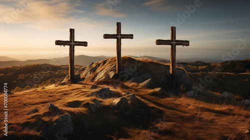 Three crosses on the hill. Symbol of redemption. Ai generative