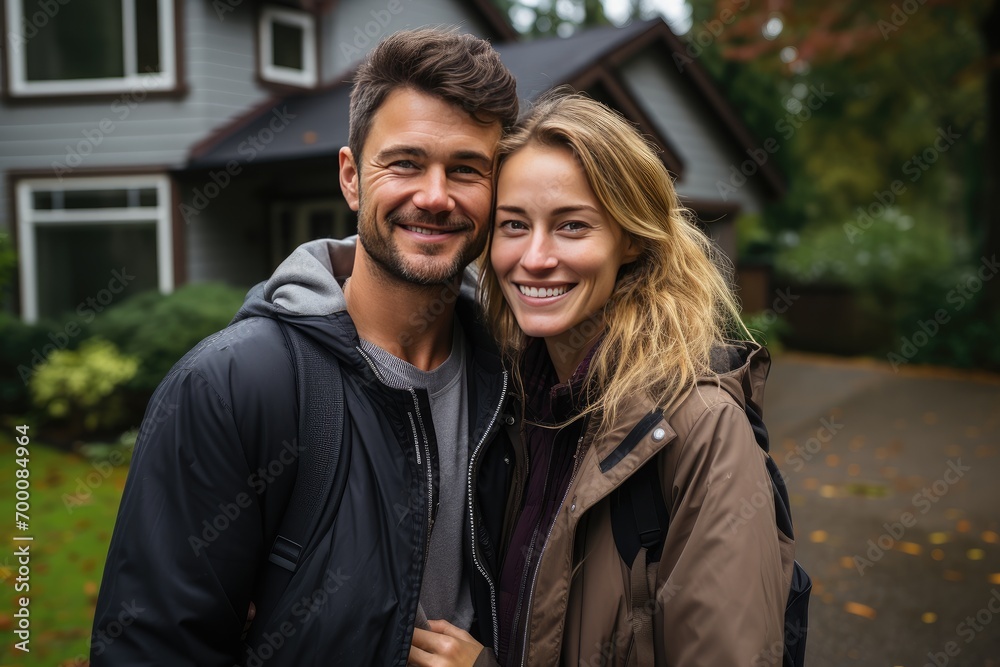 Portrait of young couple standing and hugging together looking happy in front of their new house to start new life. Family, age, home, real estate and people concept. Portrait of young couple standing and hugging together looking happy in front of their new house to start new life. Family, age, home, real estate and people concept.