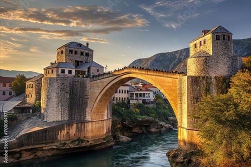 The Mostar Old Bridge, a UNESCO site, spans the Neretva River in Bosnia and Herzegovina, a symbol of cultural heritage and historical significance.