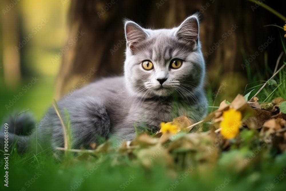 High quality photo of a resting gray Scottish cat on grass High quality photo of a resting gray Scottish cat on grass