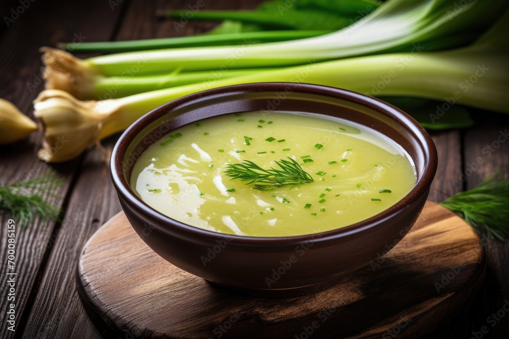 Freshly made leek soup presented in a bowl on a wooden surface