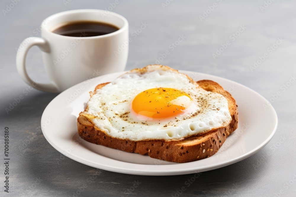 Fried egg on toast with fresh hot coffee on a grey background Fried egg on toast with fresh hot coffee on a grey background