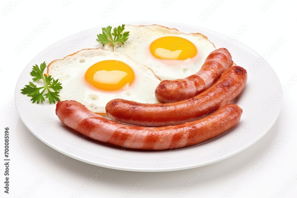 Fried eggs bacon and chicken sausage on a white plate Fried eggs bacon and chicken sausage on a white plate