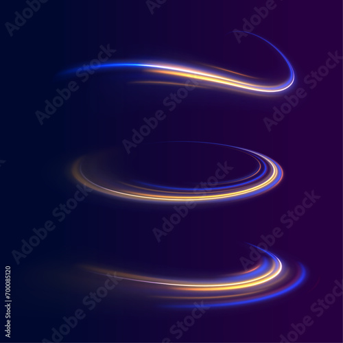 Light trail wave, fire path trace line, car lights, optic fiber and incandescence curve twirl. Vector glitter light fire flare trace. Speed of light in galaxy. 