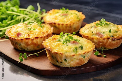 Freshly baked mini ham and cheese quiches on a marble board ready to enjoy
